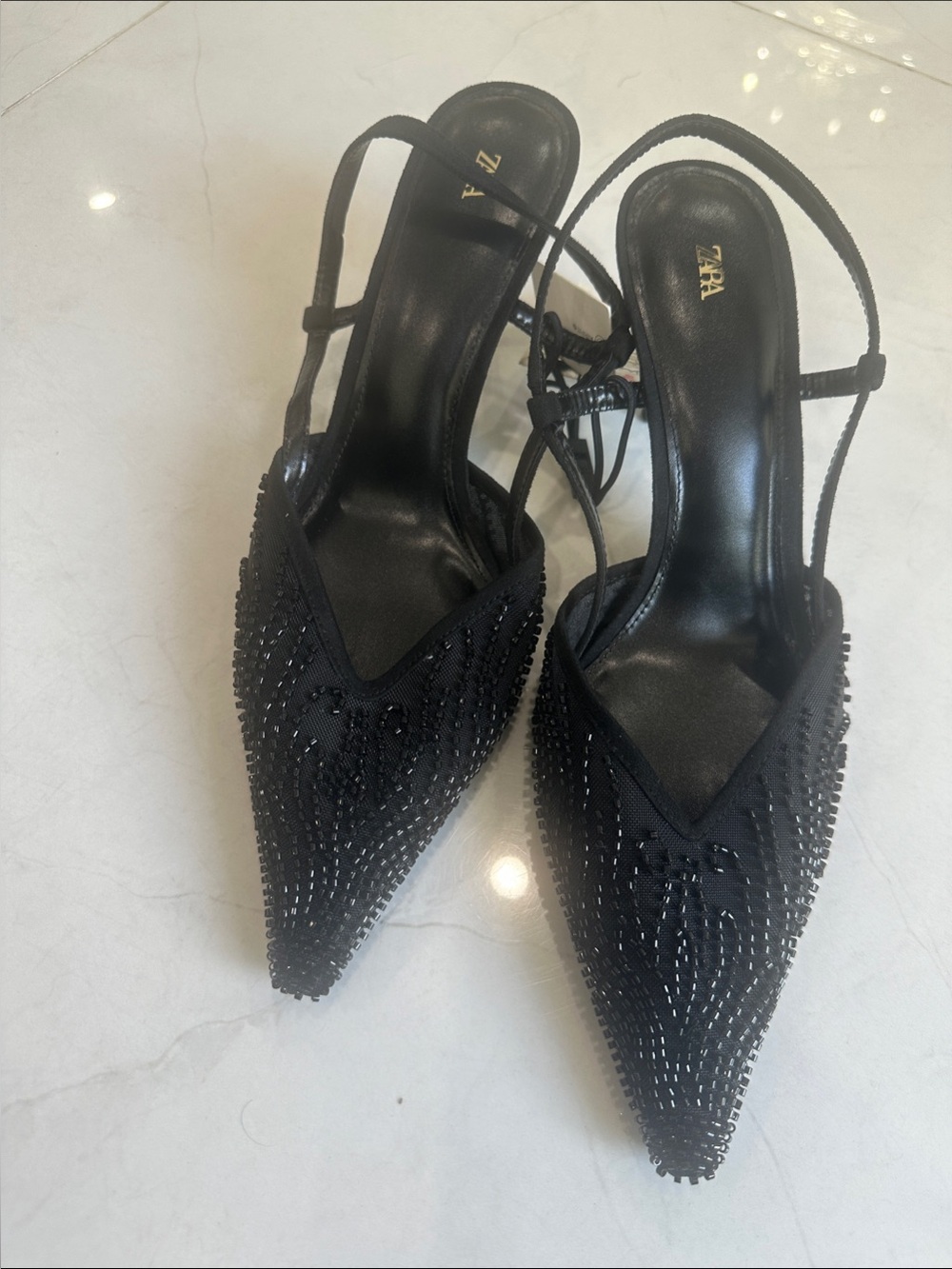 Zara Black Beaded Pointed Slingback Heels